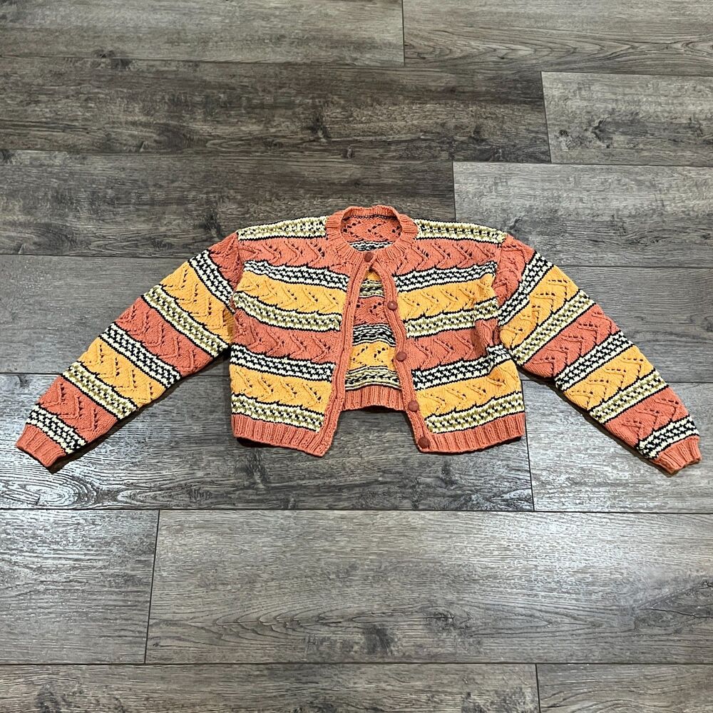 Vintage 3D Hand Knit Cropped Cardigan Sweater Multicolor Boho 80s Style XS/S